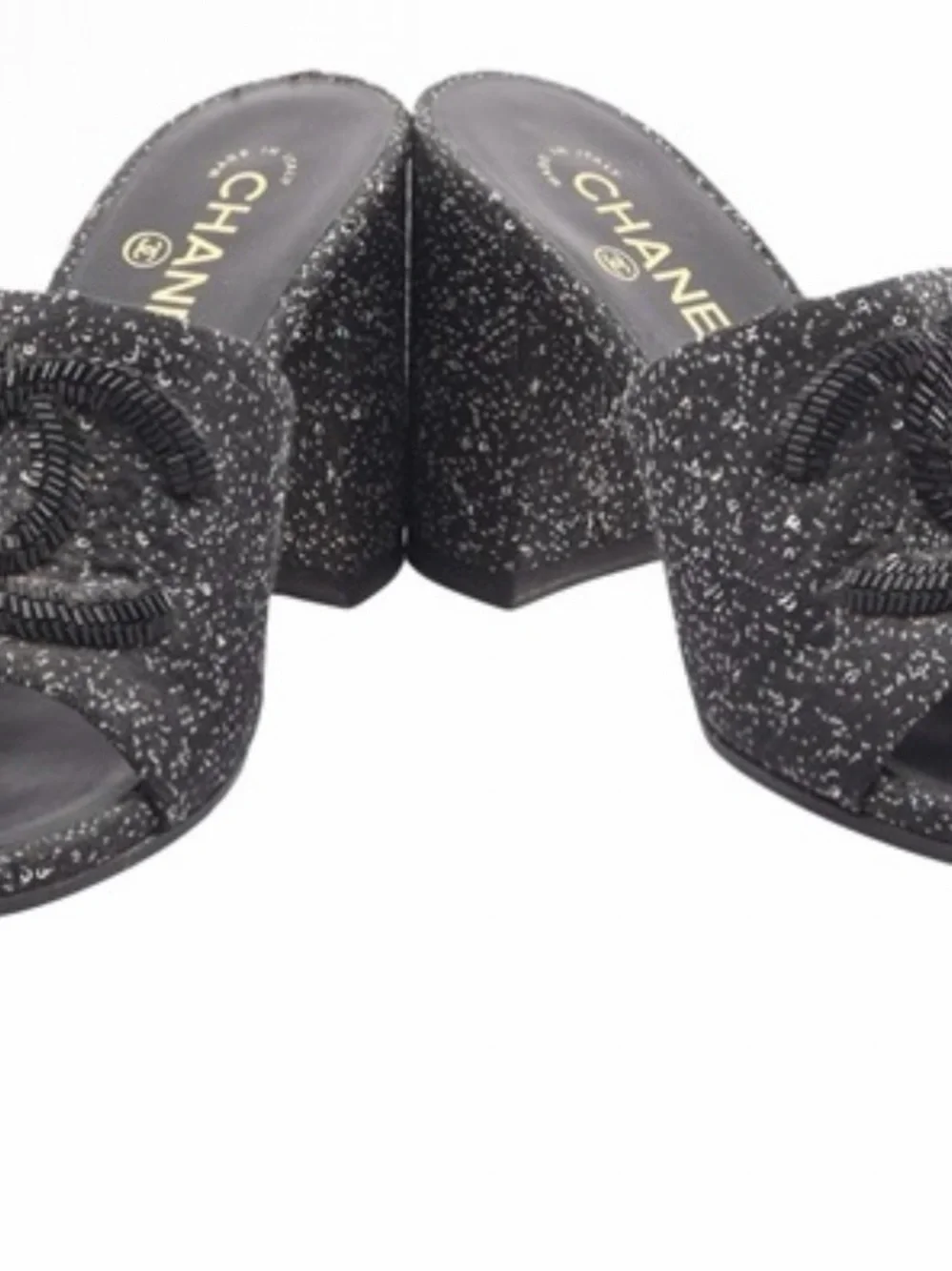CHANEL Black and Silver Tweed Logo Block Heel Mules